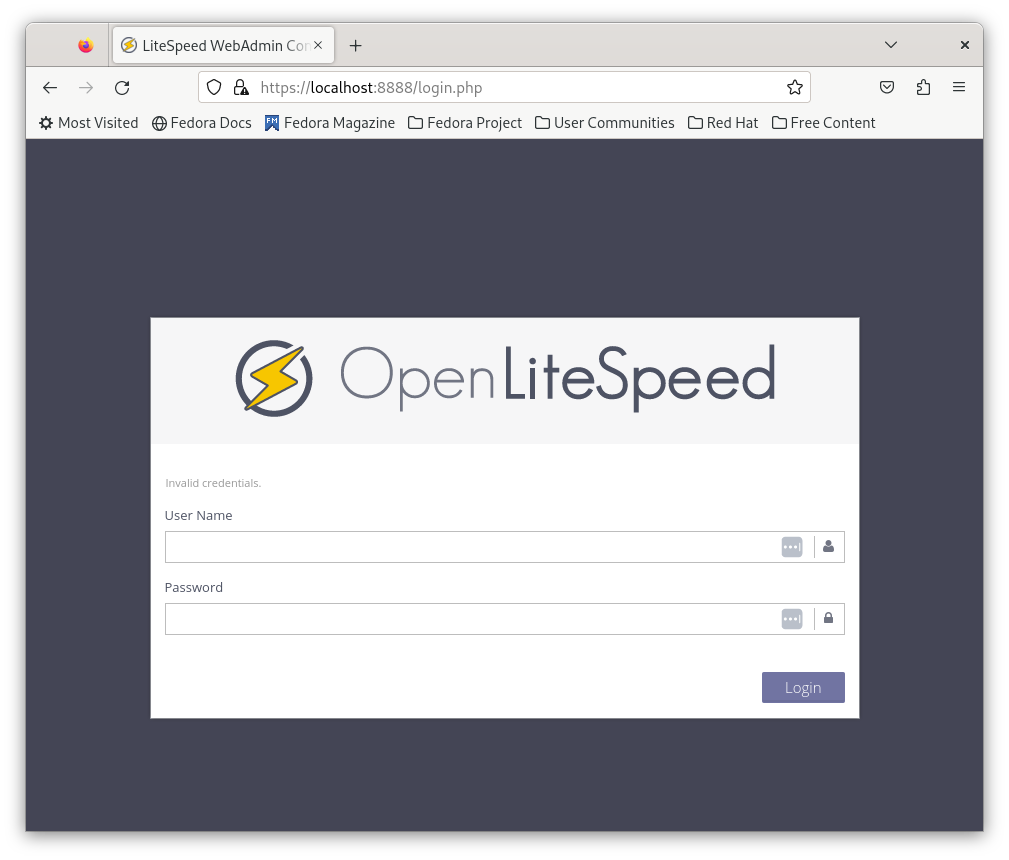 OpenLiteSpeed Web Admin Login