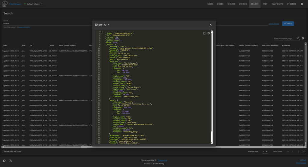 T-Pot Elasticvue Search Cowrie with SSH Details